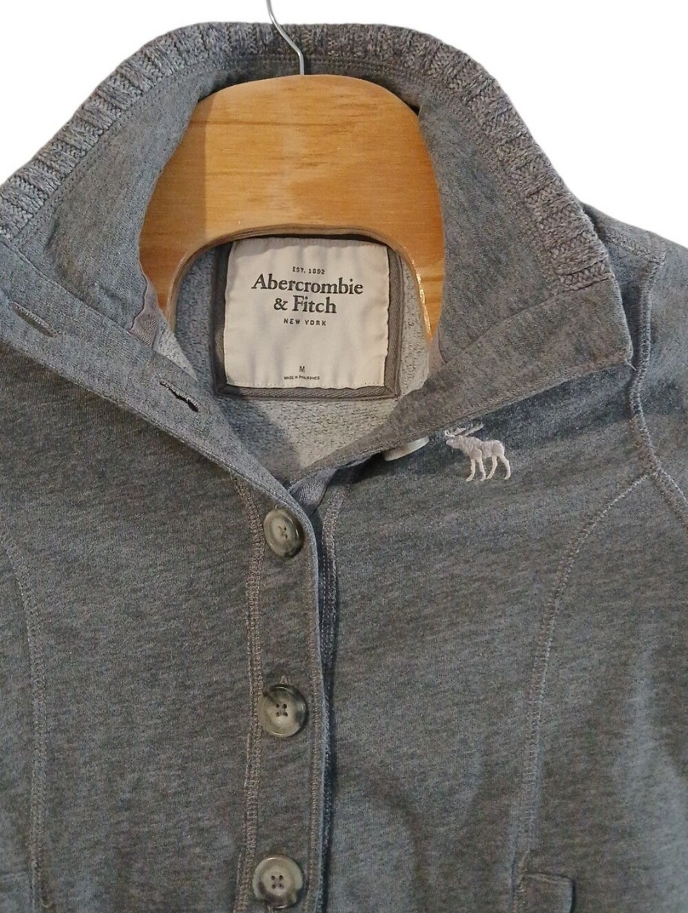 Y2K Womens Abercrombie & Fitch Gray Cotton Button-Up Collar Sweatshirt Medium
